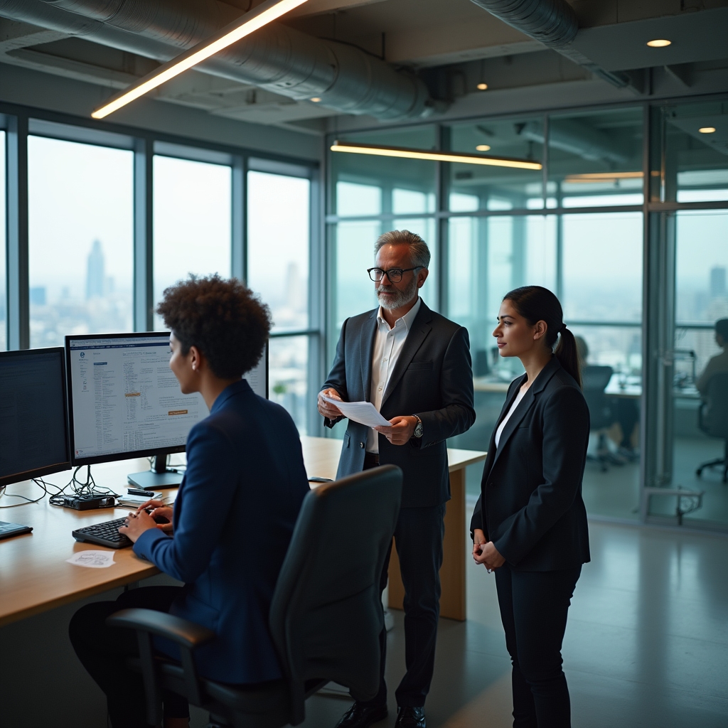 Compliance team reviewing digital asset regulations in a modern office environment