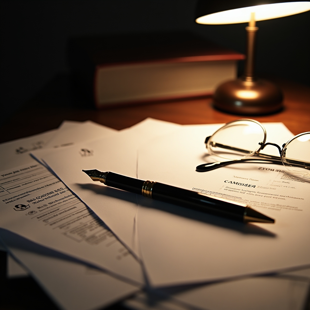 Close-up of compliance documents and regulatory filings on a clean desk with professional legal notation